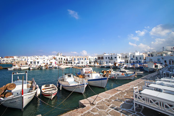 Panoramic view of the port of Naoussa on a September day