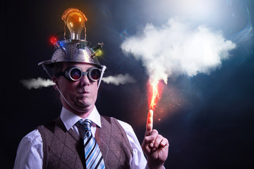 distraught looking conspiracy believer in suit with aluminum foil head with chemtrails cloud...