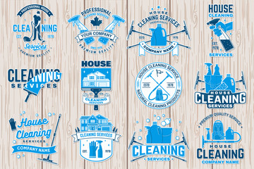 Cleaning company badge, emblem. Vector illustration. Concept for patch, stamp or sticker. Vintage typography design with cleaning equipments. Cleaning service sign for company related business - obrazy, fototapety, plakaty