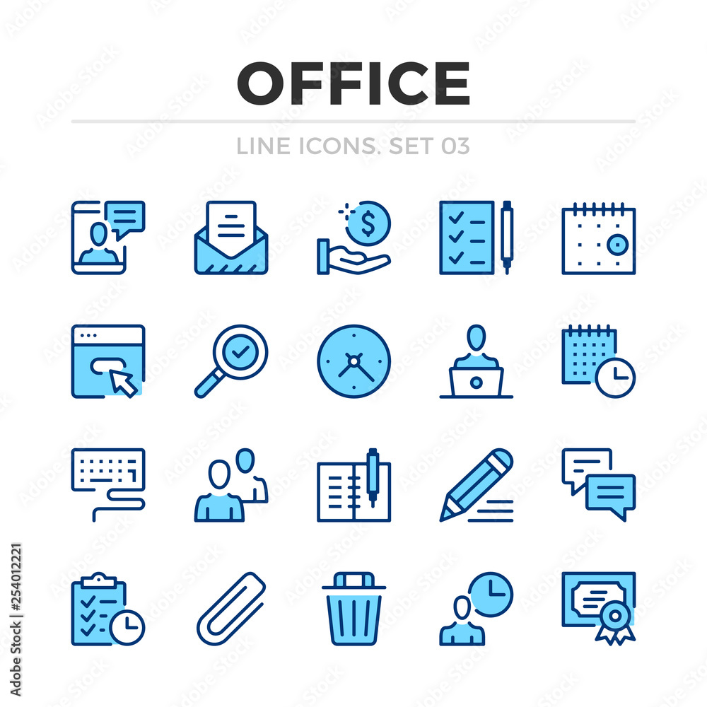 Poster office work vector line icons set. thin line design. outline graphic elements, simple stroke symbols
