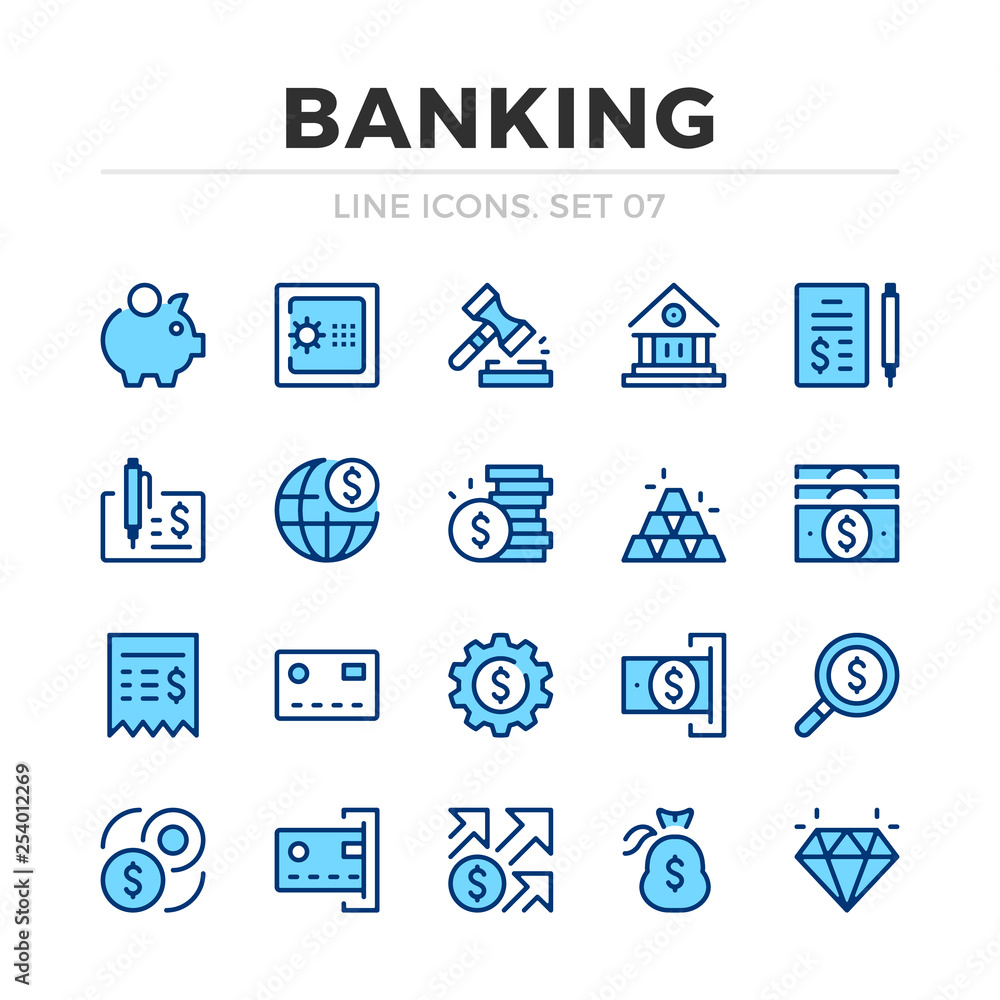 Poster banking vector line icons set. thin line design. outline graphic elements, simple stroke symbols. ba