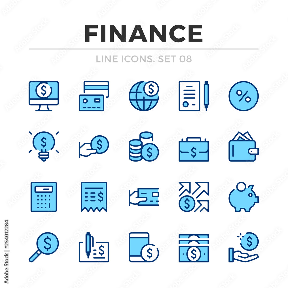 Poster finance vector line icons set. thin line design. outline graphic elements, simple stroke symbols. fi