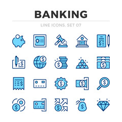 Banking vector line icons set. Thin line design. Outline graphic elements, simple stroke symbols. Banking icons