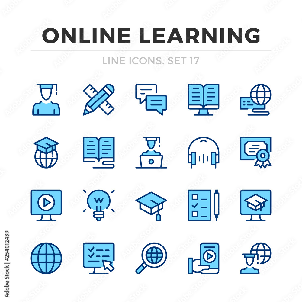 Poster online learning vector line icons set. thin line design. outline graphic elements, simple stroke sym