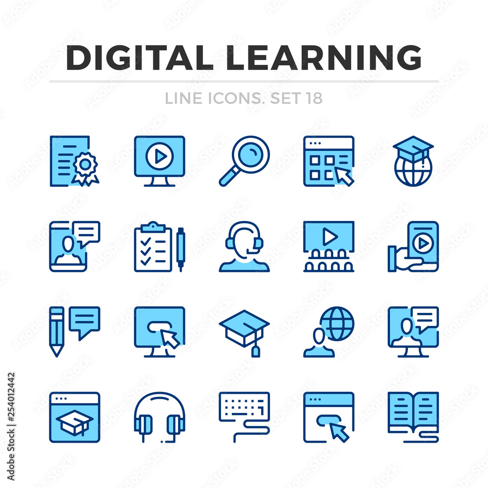 Fototapete Digital learning vector line icons set. Thin line design. Outline graphic elements, simple stroke symbols. Digital learning icons