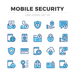 Mobile security vector line icons set. Thin line design. Outline graphic elements, simple stroke symbols. Mobile security icons