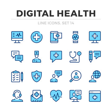 Digital Health Vector Line Icons Set. Thin Line Design. Outline Graphic Elements, Simple Stroke Symbols. Digital Health Icons