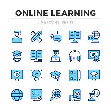 Online learning vector line icons set. Thin line design. Outline graphic elements, simple stroke symbols. Online learning icons