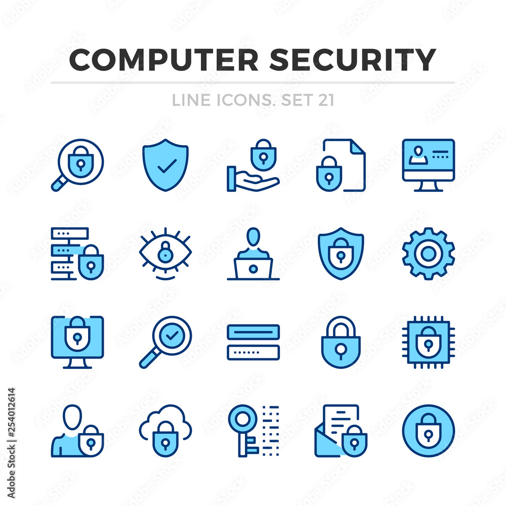 Poster computer security vector line icons set. thin line design. modern outline graphic elements, simple s
