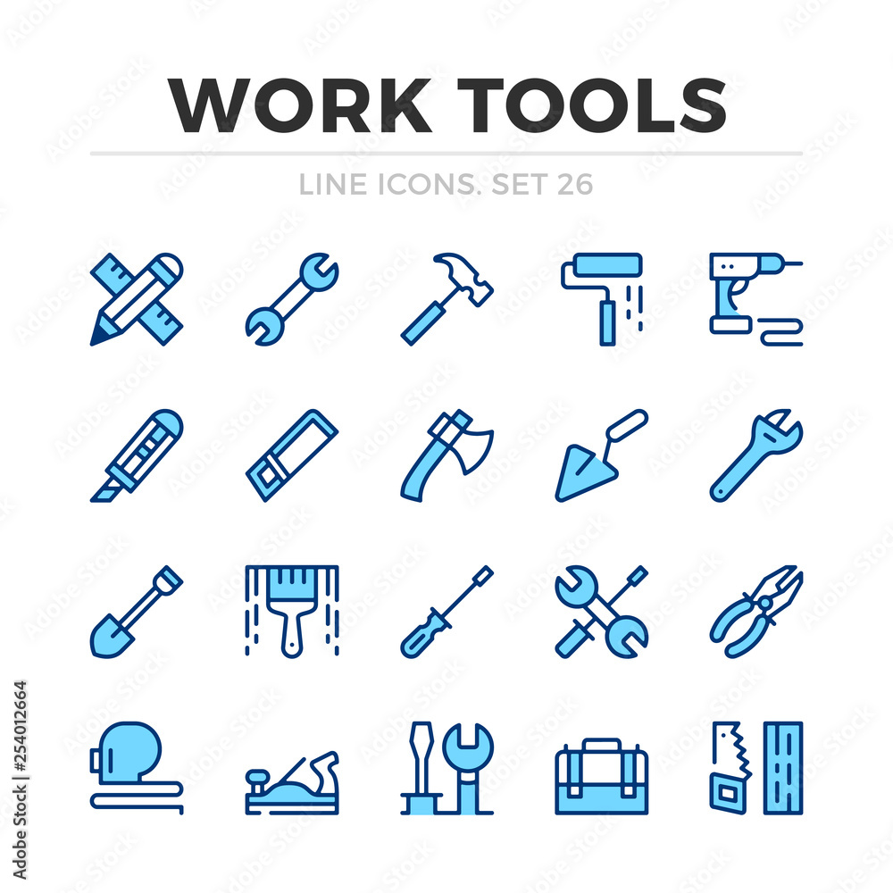 Poster work tools vector line icons set. thin line design. outline graphic elements, simple stroke symbols.