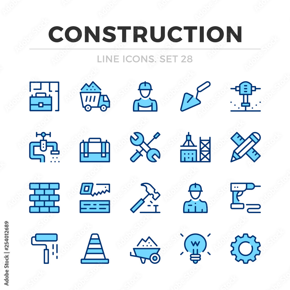 Poster construction vector line icons set. thin line design. outline graphic elements, simple stroke symbol