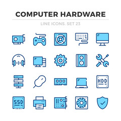 Computer hardware vector line icons set. Thin line design. Outline graphic elements, simple stroke symbols. Computer icons