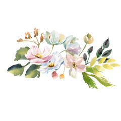 Wedding bridal romanric rustic bouquet. Hand drawing watercolor red and pink and green flowers ornament