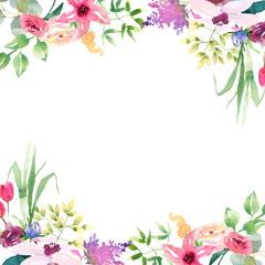 Wedding spring romantic bridal frame wreath. pink purple and white flowers green leaves ornament