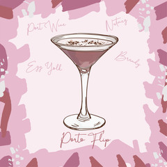 Porto Flip Unforgettable classic cocktail illustration. Alcoholic bar drink hand drawn vector. Pop art - 254013424