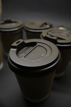 Paper cups with cover top view. Coffee lifestyle concept 