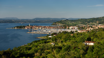 Fototapeta na wymiar Overview of marina at old fishing town of Izola Slovenia on the Adriatic coast of the Istrian peninsula
