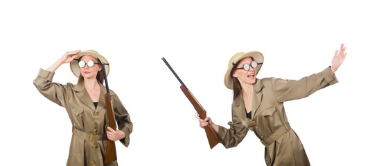 Woman wearing safari hat on white