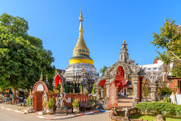 Fototapeta premium Golden decorated pagoda at Wat Bubparam Temple. Chiang Mai, North of Thailand