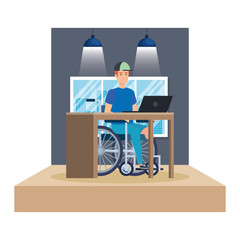 young man in wheelchair working in the office