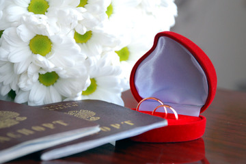 Wedding rings next to passports