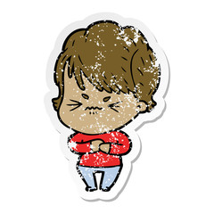 distressed sticker of a cartoon frustrated woman