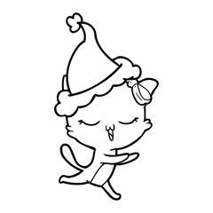 line drawing of a cat with bow on head wearing santa hat
