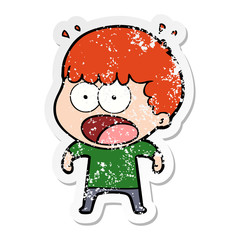 distressed sticker of a cartoon shocked man