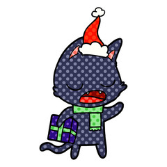 talking cat comic book style illustration of a wearing santa hat