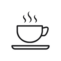 Cup of coffee or tea with steam, vector  line icon black on white