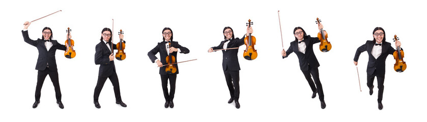 Funny man with music instrument on white