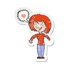 retro distressed sticker of a cartoon woman in love