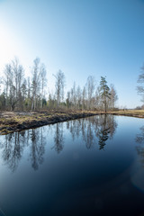 riverside landscape in latvia with dark water and dirty shore line