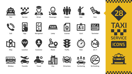 Vector taxi cab car service icon set with motor transport, driver, passenger on travel, people and city traffic flat silhouette sign.