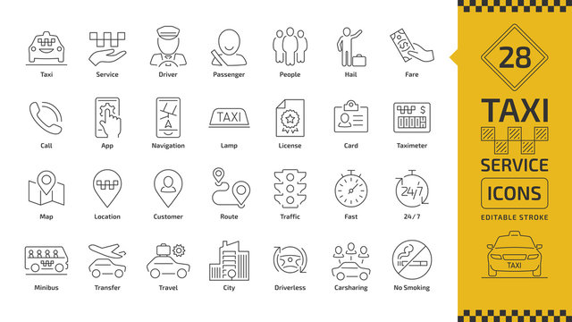 Vector taxi cab car service editable stroke line icon set with motor transport, driver, passenger on travel, people and city traffic thin outline sign.