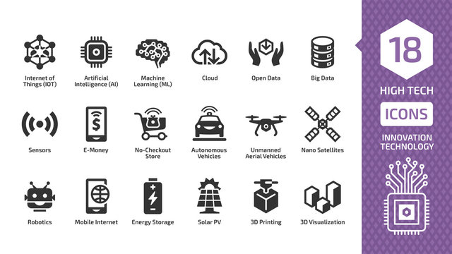 Vector Innovation Technology Icon Set With High Tech Digital Wireless Smart Future Business Concept Silhouette Sign. Internet Of Things, Artificial Intelligence, Machine Learning And More Symbols.