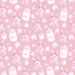 Obraz premium pattern for girls with bunnies, teeth and a bottle of milk