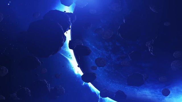 Blue planet and asteroids. Camera flying through the asteroids towards the declining blue planet.