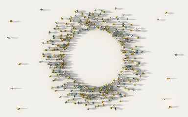 Large group of people forming a circle geometry icon with copy space in social media and community concept on white background. 3d sign of crowd illustration from above gathered together