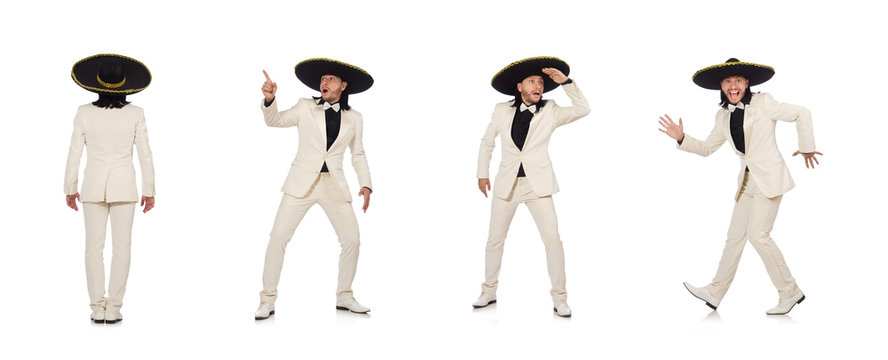 Funny mexican in suit and sombrero isolated on white