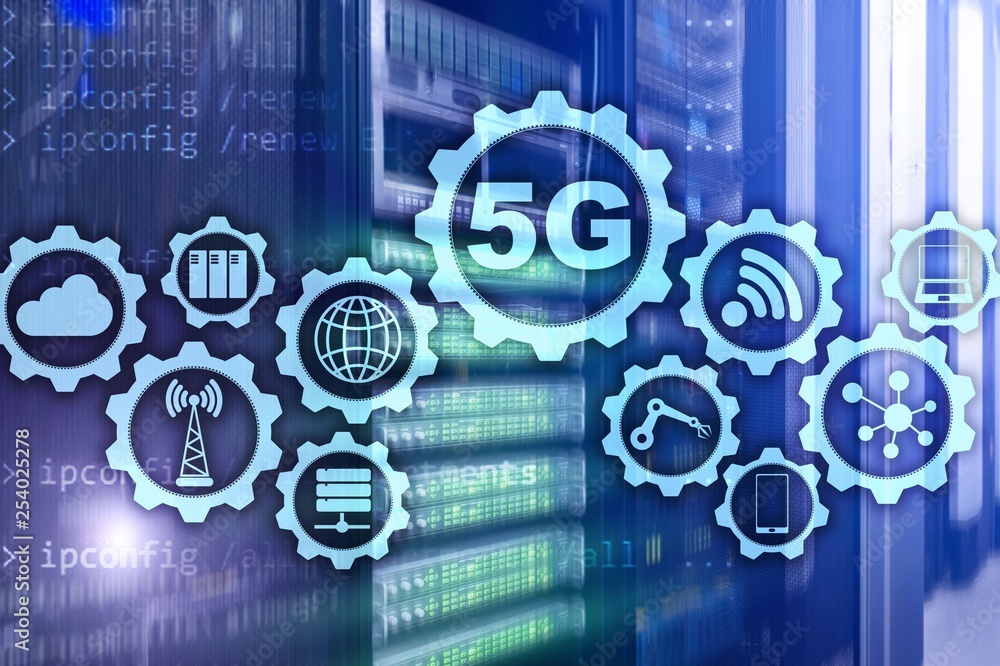 Wall mural 5g network, 5g internet connection concept in digital background. smart communication network concep
