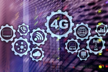 Mobile telecommunication cellular high speed data connection concept: 4G LTE. On server room...