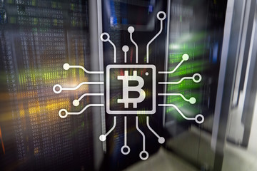 Bitcoin, Blockchain concept on server room background.