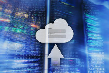 Cloud storage, data access, login and password request window on server room background. Internet...