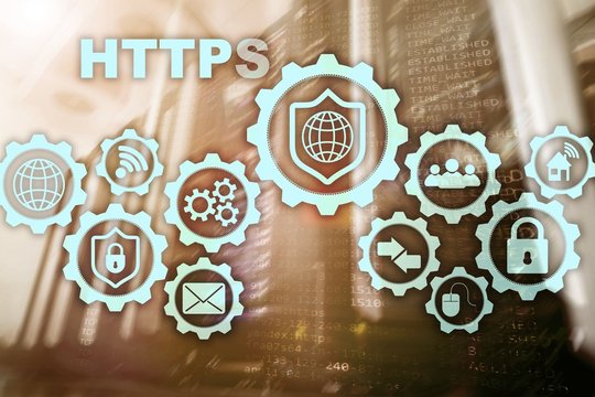 HTTPS. Hypertext Transport Protocol Secure. Technology Concept on Server Room Background. Virtual Icon for network security web service.