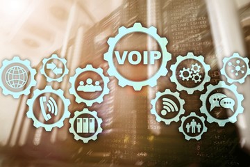 VoIP Voice over IP on the screen with a blur background of the server room. The concept of Voice over Internet Protocol.