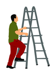 Construction worker climbing on ladders vector illustration isolated on white background. Painter painting at work. Laborer on work. Under construction. Handyman at home. Diagnostic and fix
