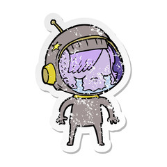 distressed sticker of a cartoon crying astronaut girl