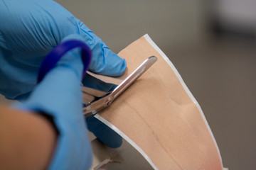 A nurse with blue gloves cuts a plafster with a scissors