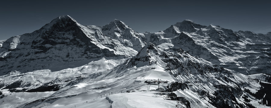 Spectacular winter scenery in the Swiss Alps with famous Eiger, Moench & Jungfrau, Bernese Oberland, Switzerland
